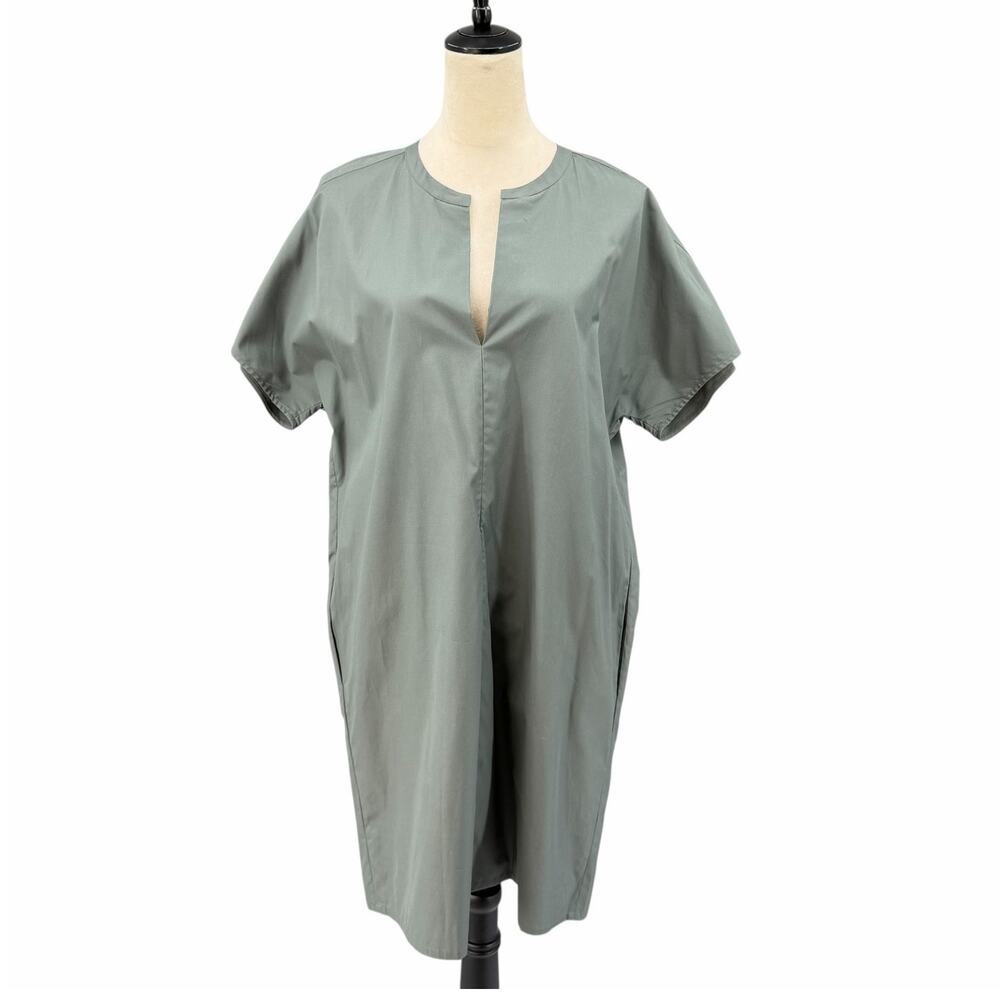 Vince NWT 100% Cotton Short Sleeve V-neck Gray Pockets Tunic Poplin Short Dress